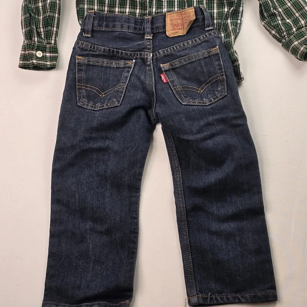 Boys OshKosh Plaid Shirt and Levis 514 Straight Jeans Set Green Blue Size 4T‎